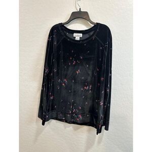 Liz Claiborne long Sleeve Black‎ Velvet Floral Top medium stretch y2k